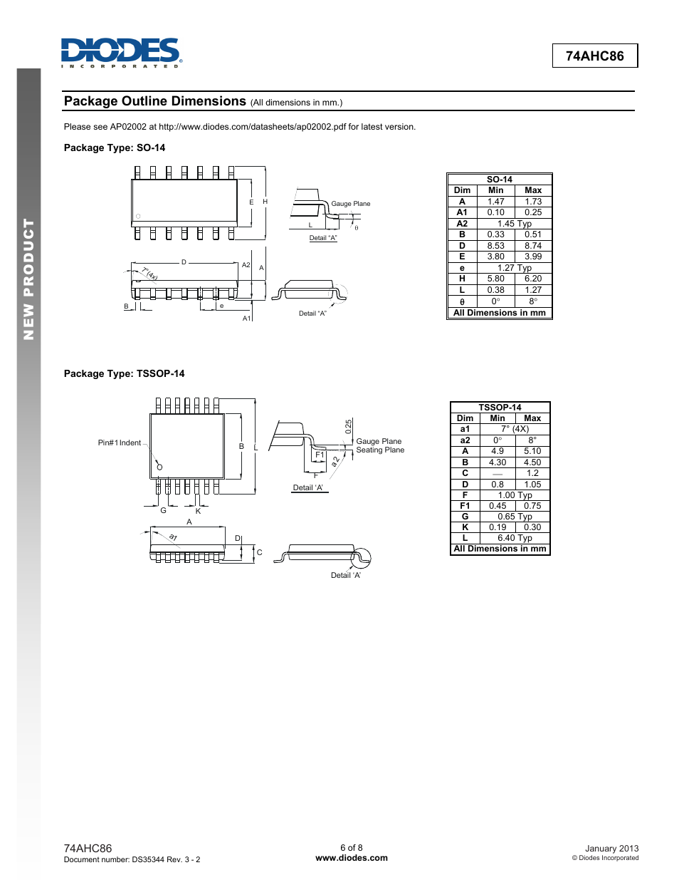 New prod uc t 74ahc86, Package outline dimensions | Diodes 74AHC86 User Manual | Page 6 / 8