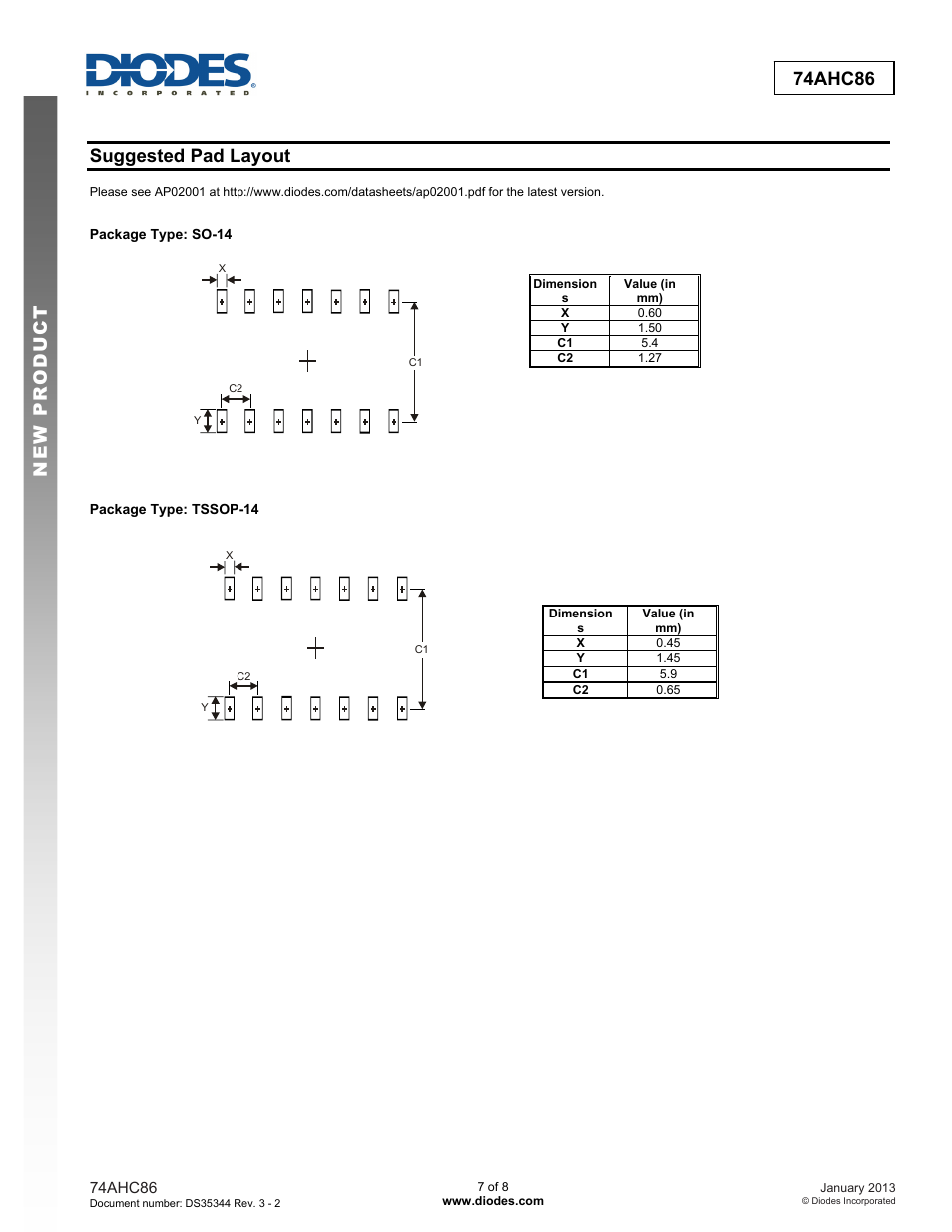 New prod uc t 74ahc86, Suggested pad layout | Diodes 74AHC86 User Manual | Page 7 / 8