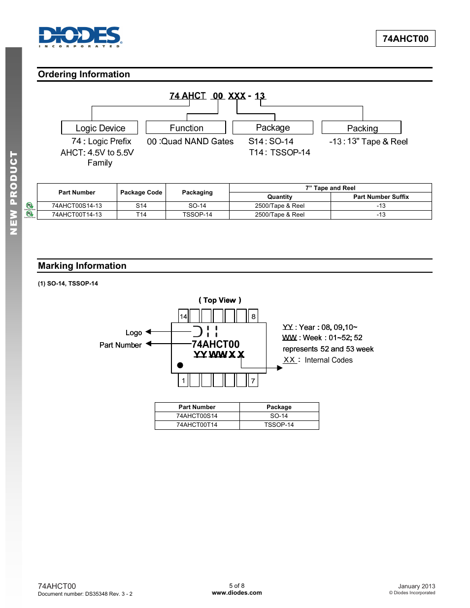 New prod uc t 74ahct00, Ordering information, Marking information | Diodes 74AHCT00 User Manual | Page 5 / 8