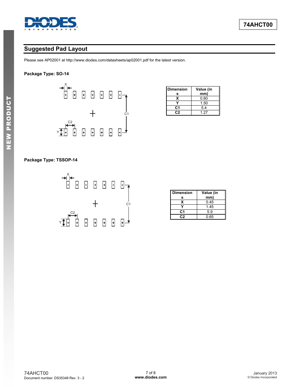 New prod uc t 74ahct00, Suggested pad layout | Diodes 74AHCT00 User Manual | Page 7 / 8
