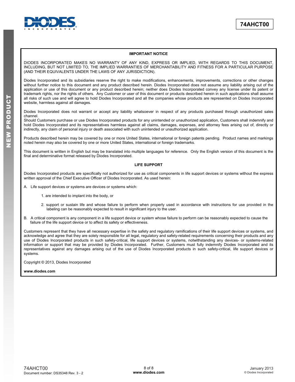 New prod uc t 74ahct00 | Diodes 74AHCT00 User Manual | Page 8 / 8