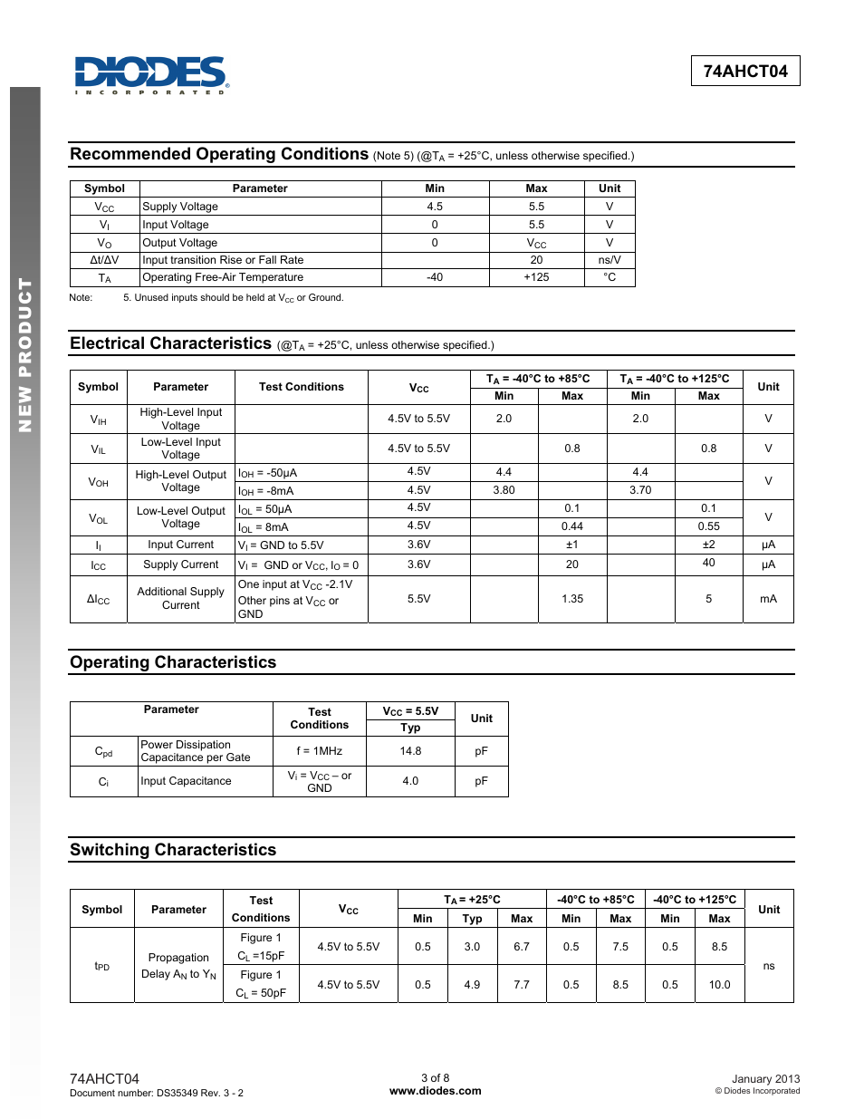 New prod uc t 74ahct04, Recommended operating conditions, Electrical characteristics | Operating characteristics, Switching characteristics | Diodes 74AHCT04 User Manual | Page 3 / 8