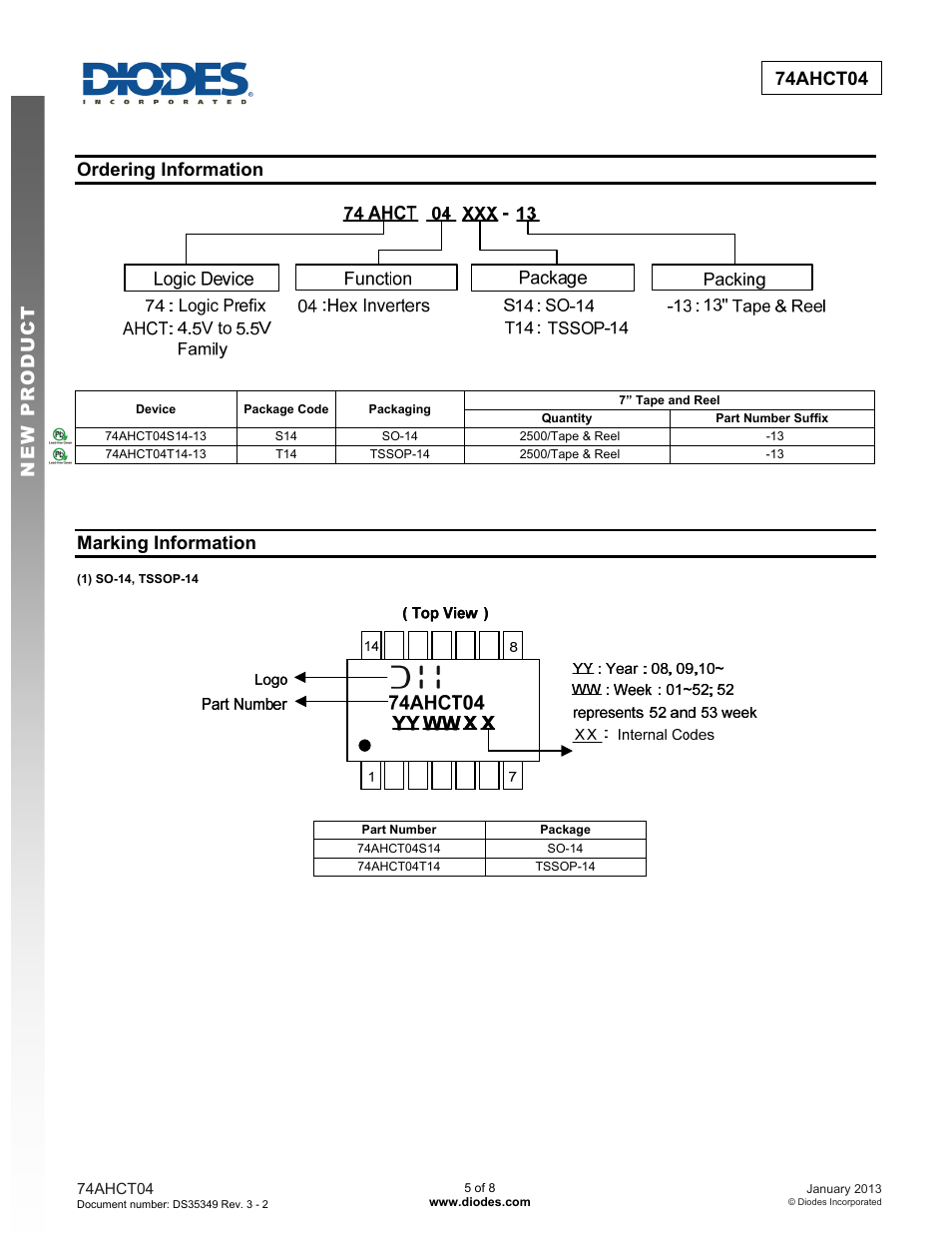 New prod uc t 74ahct04, Ordering information, Marking information | Diodes 74AHCT04 User Manual | Page 5 / 8