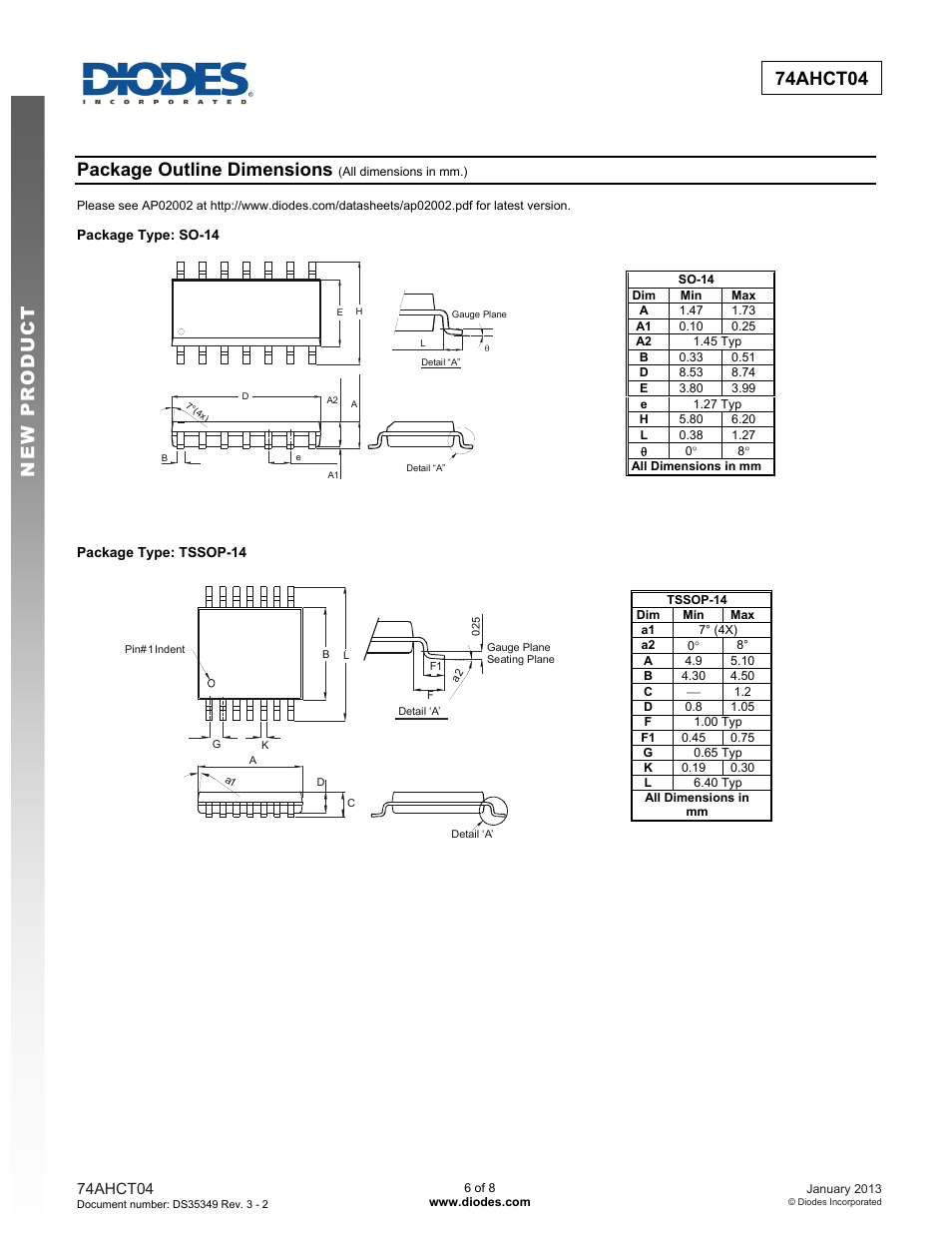 New prod uc t 74ahct04, Package outline dimensions | Diodes 74AHCT04 User Manual | Page 6 / 8