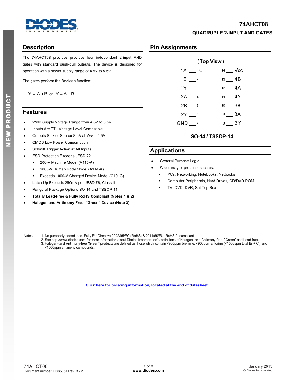 Diodes 74AHCT08 User Manual | 8 pages