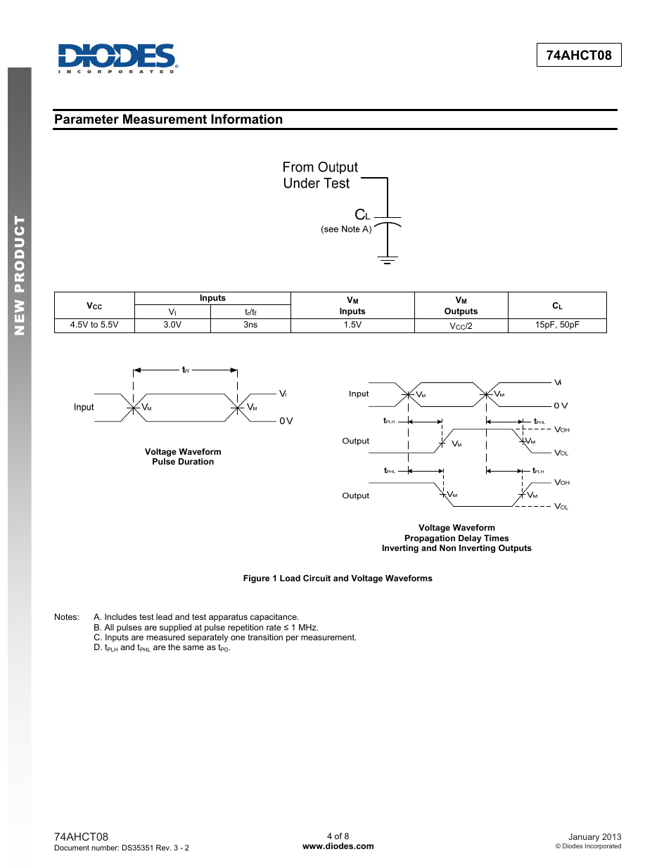 New prod uc t 74ahct08, Parameter measurement information | Diodes 74AHCT08 User Manual | Page 4 / 8