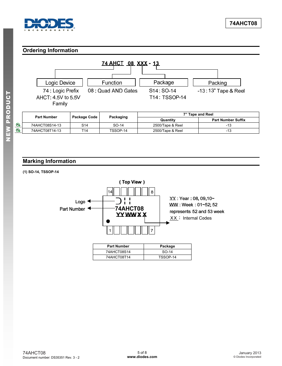 New prod uc t 74ahct08, Ordering information, Marking information | Diodes 74AHCT08 User Manual | Page 5 / 8