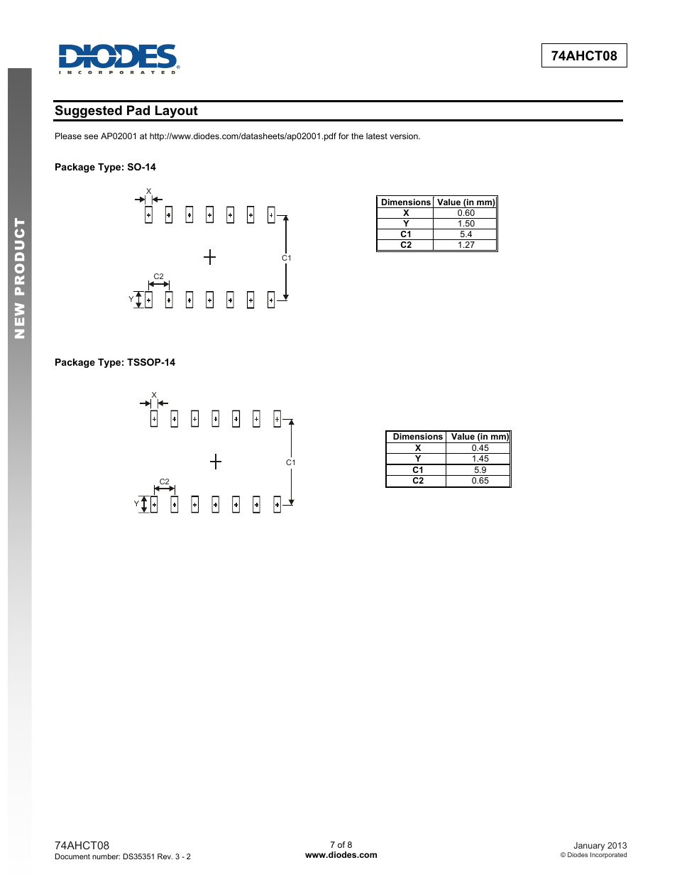 New prod uc t 74ahct08, Suggested pad layout | Diodes 74AHCT08 User Manual | Page 7 / 8