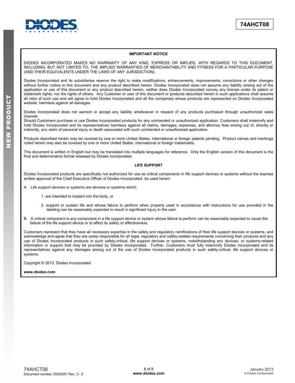 New prod uc t 74ahct08 | Diodes 74AHCT08 User Manual | Page 8 / 8