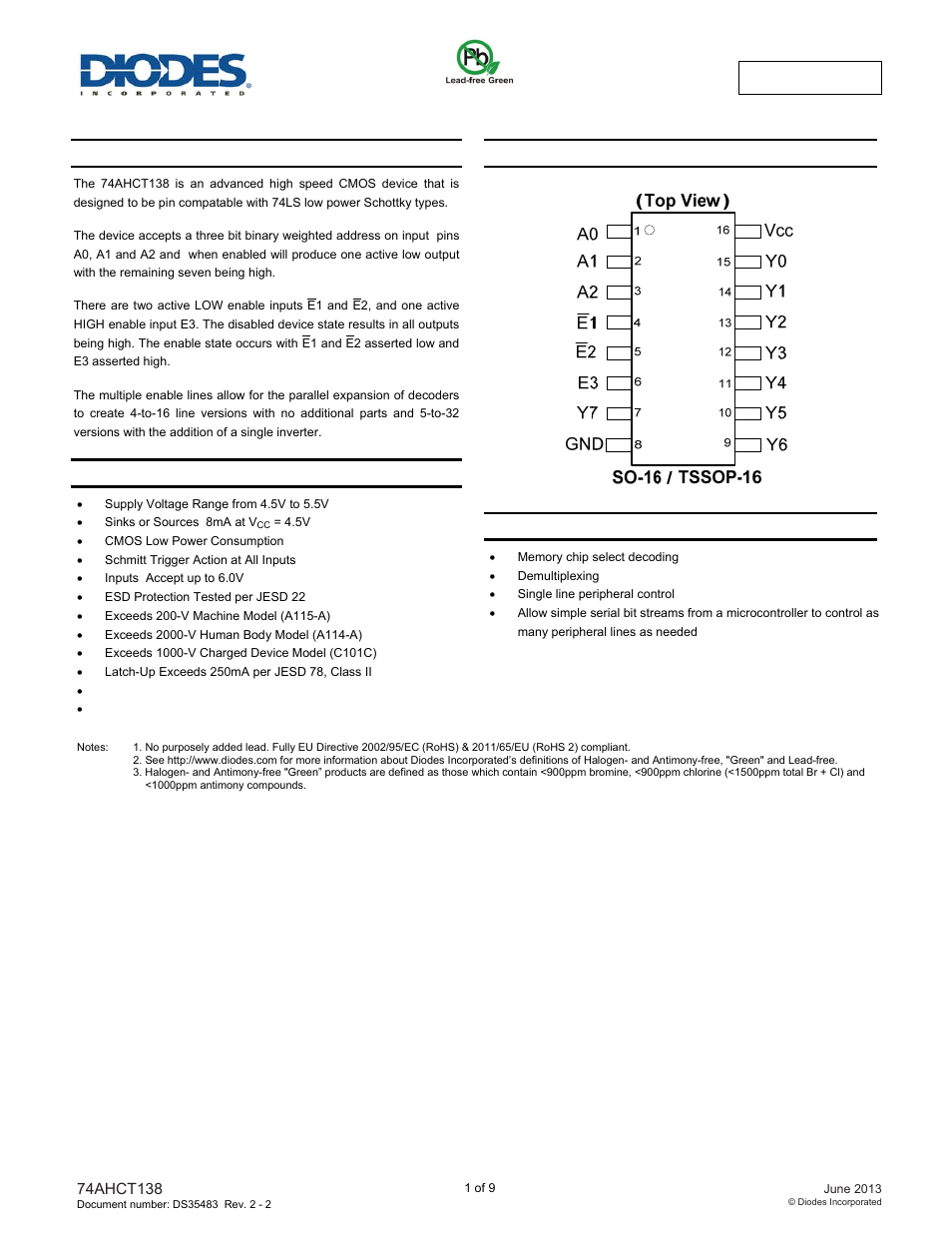 Diodes 74AHCT138 User Manual | 9 pages