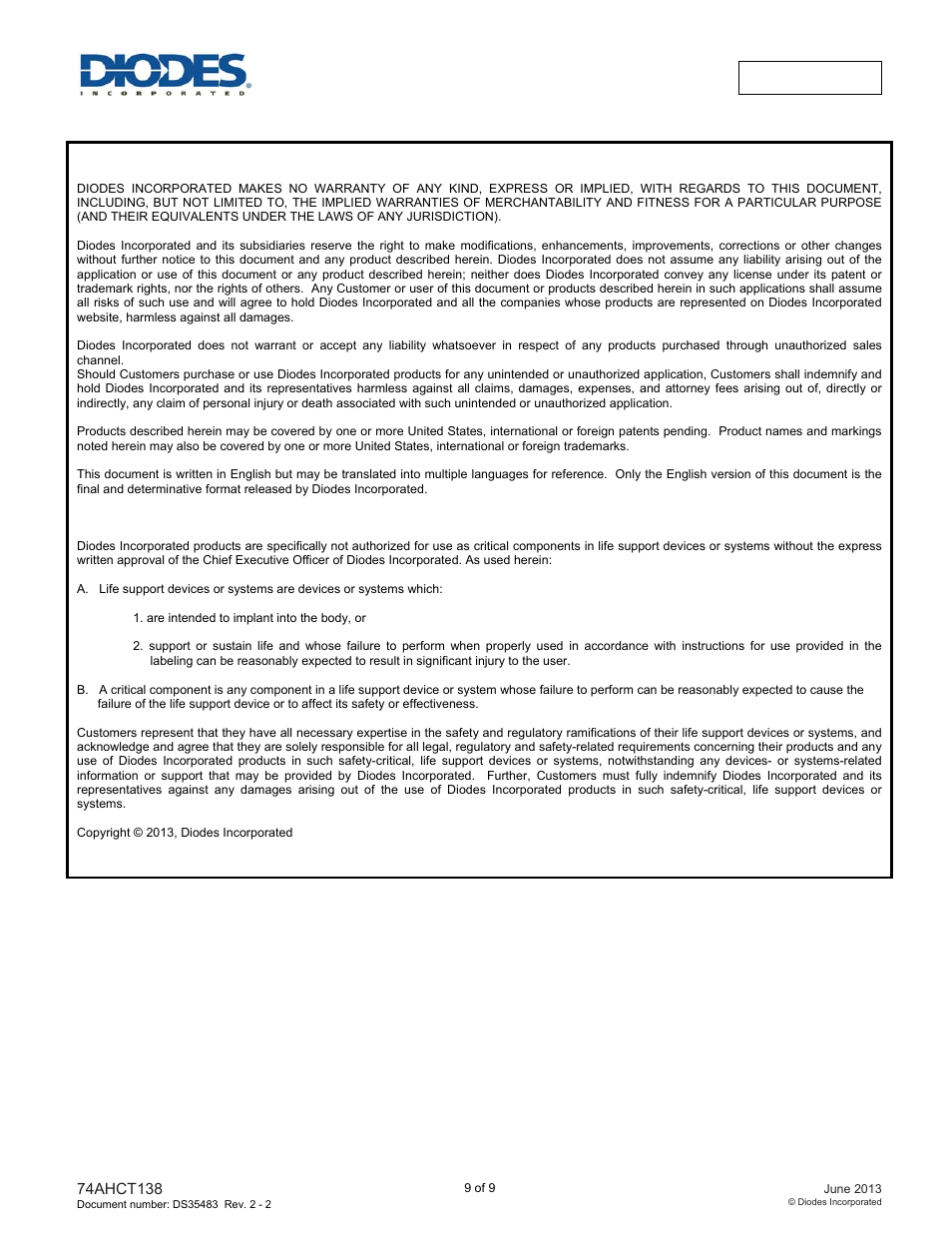Diodes 74AHCT138 User Manual | Page 9 / 9