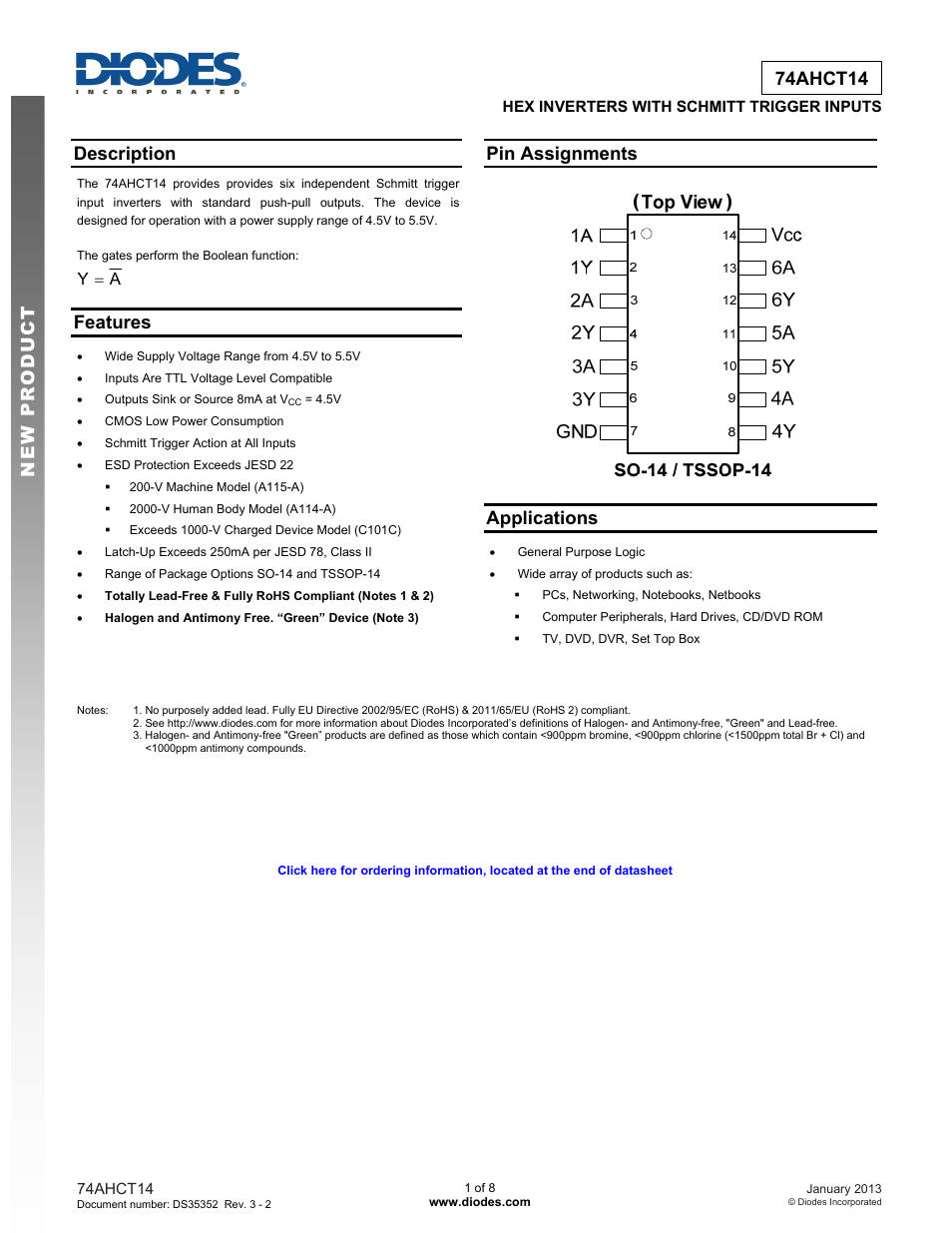 Diodes 74AHCT14 User Manual | 8 pages