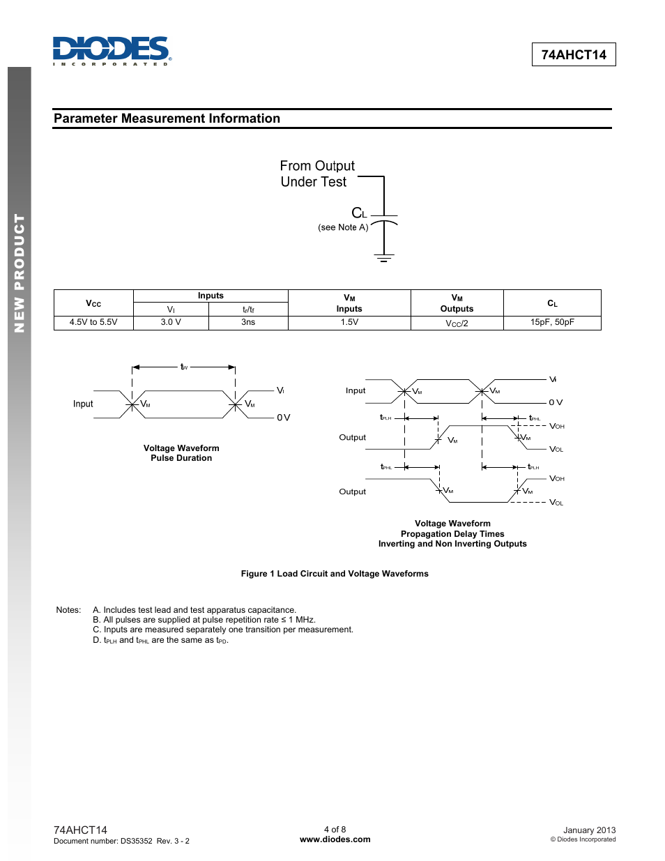 New prod uc t 74ahct14, Parameter measurement information | Diodes 74AHCT14 User Manual | Page 4 / 8