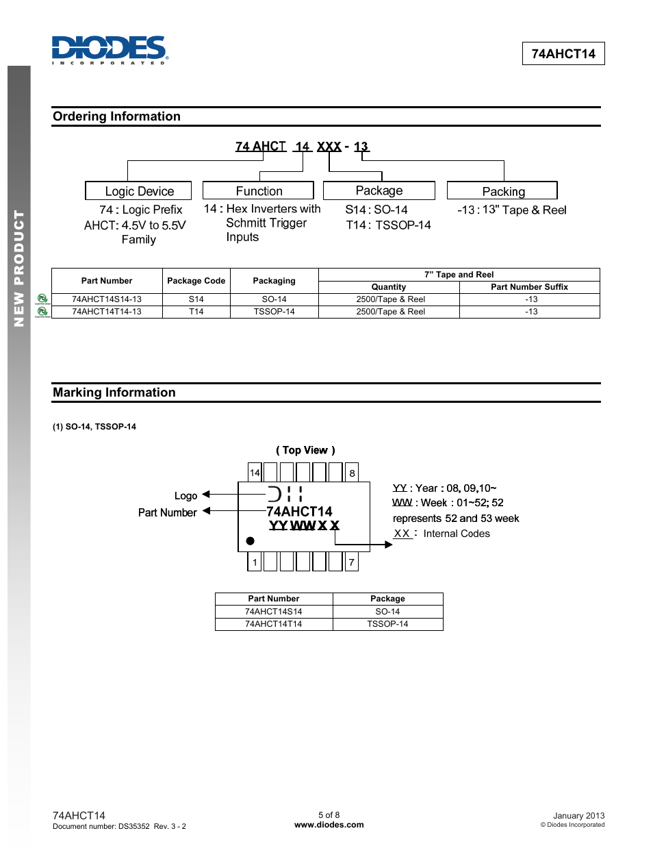 New prod uc t 74ahct14, Ordering information, Marking information | Diodes 74AHCT14 User Manual | Page 5 / 8
