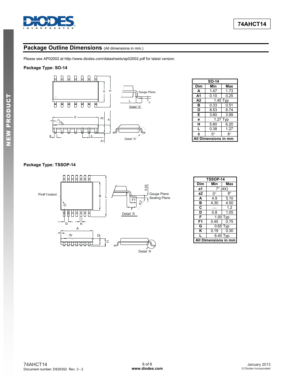 New prod uc t 74ahct14, Package outline dimensions | Diodes 74AHCT14 User Manual | Page 6 / 8