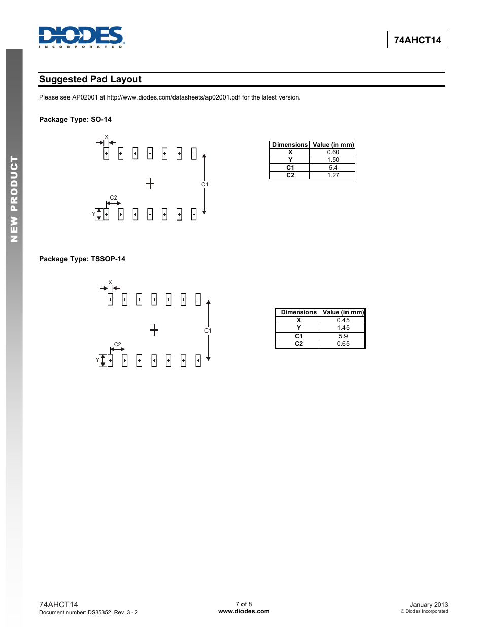 New prod uc t 74ahct14, Suggested pad layout | Diodes 74AHCT14 User Manual | Page 7 / 8