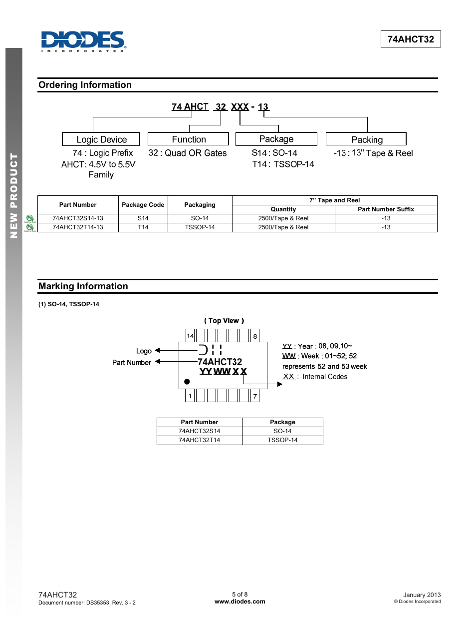 New prod uc t 74ahct32, Ordering information, Marking information | Diodes 74AHCT32 User Manual | Page 5 / 8
