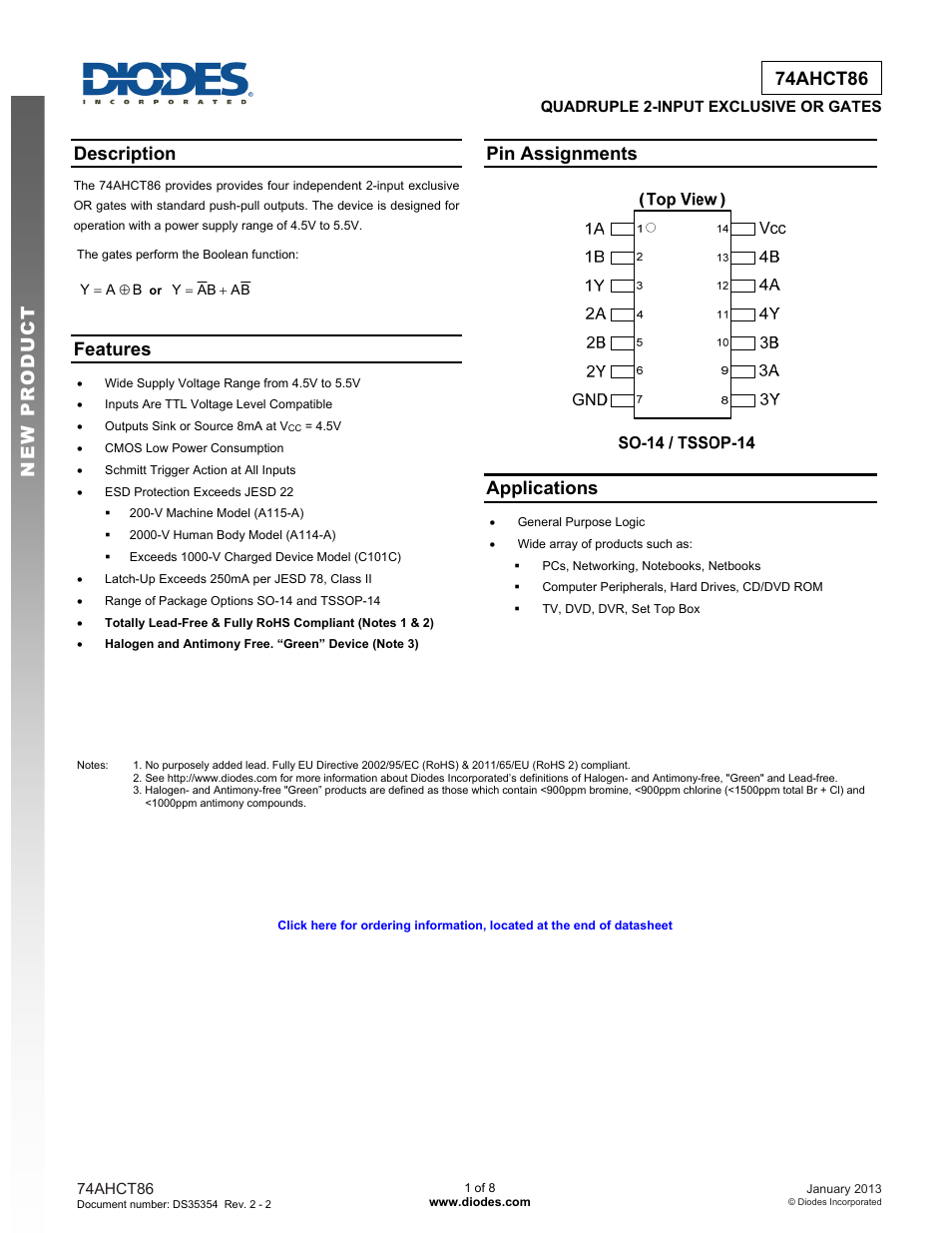 Diodes 74AHCT86 User Manual | 8 pages
