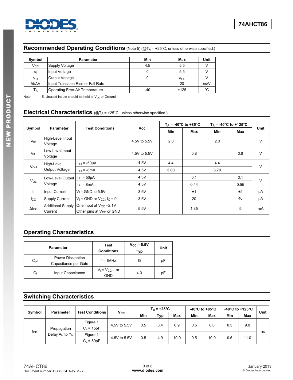 New prod uc t 74ahct86, Recommended operating conditions, Electrical characteristics | Operating characteristics, Switching characteristics | Diodes 74AHCT86 User Manual | Page 3 / 8