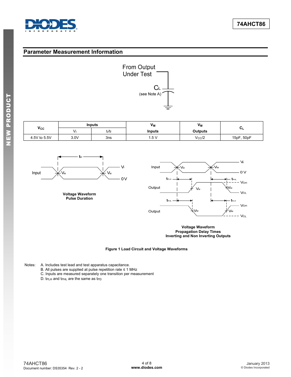 New prod uc t 74ahct86, Parameter measurement information | Diodes 74AHCT86 User Manual | Page 4 / 8