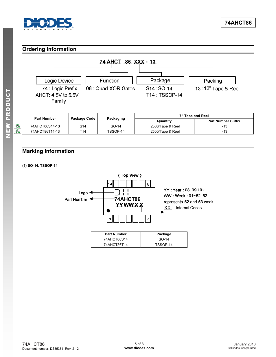 New prod uc t 74ahct86, Ordering information, Marking information | Diodes 74AHCT86 User Manual | Page 5 / 8