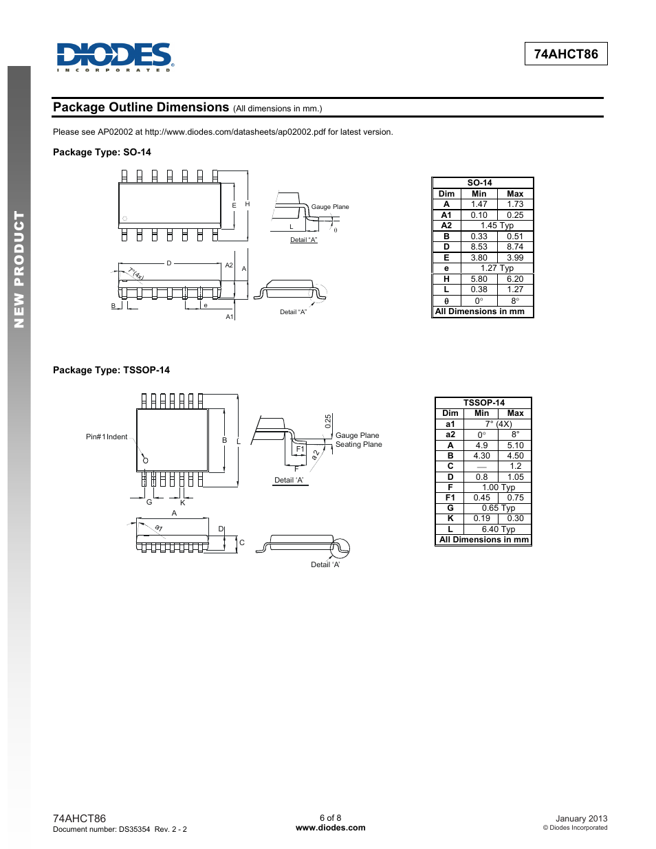 New prod uc t 74ahct86, Package outline dimensions | Diodes 74AHCT86 User Manual | Page 6 / 8