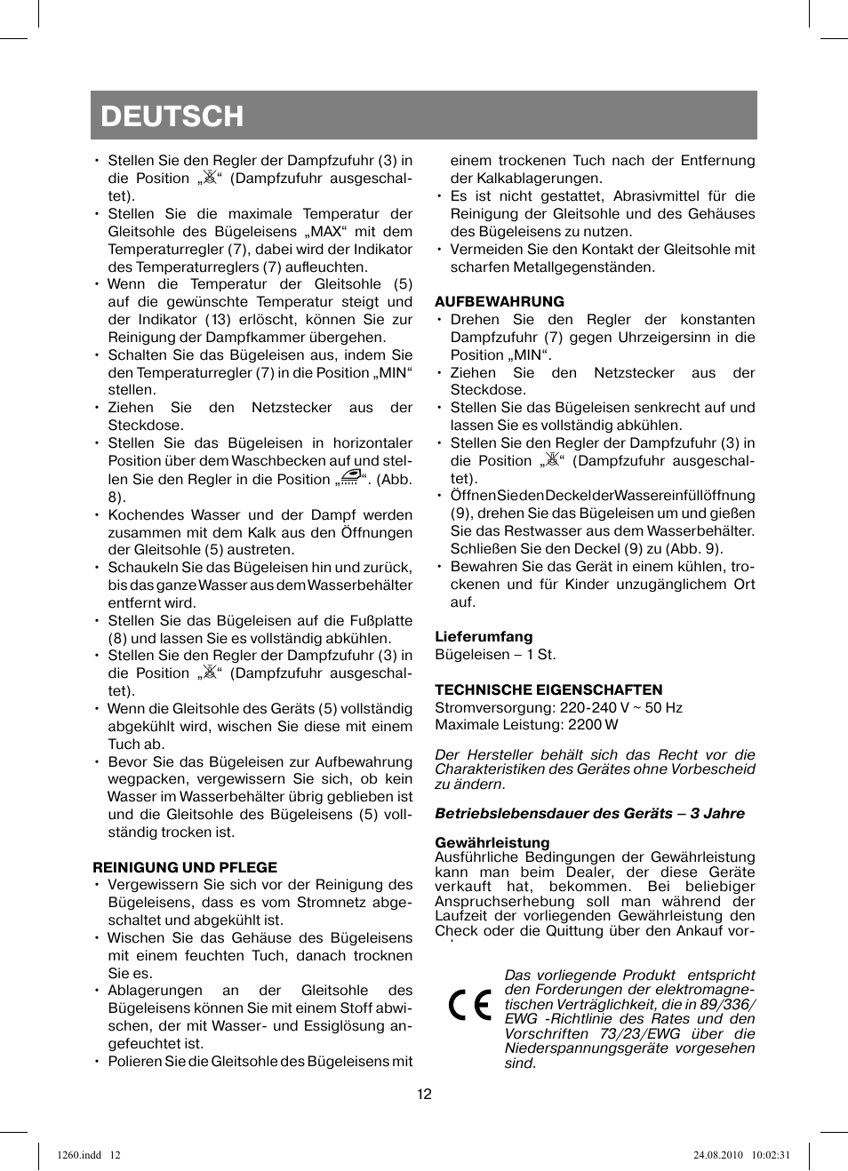 Deutsch | Vitek VT-1260 User Manual | Page 12 / 48
