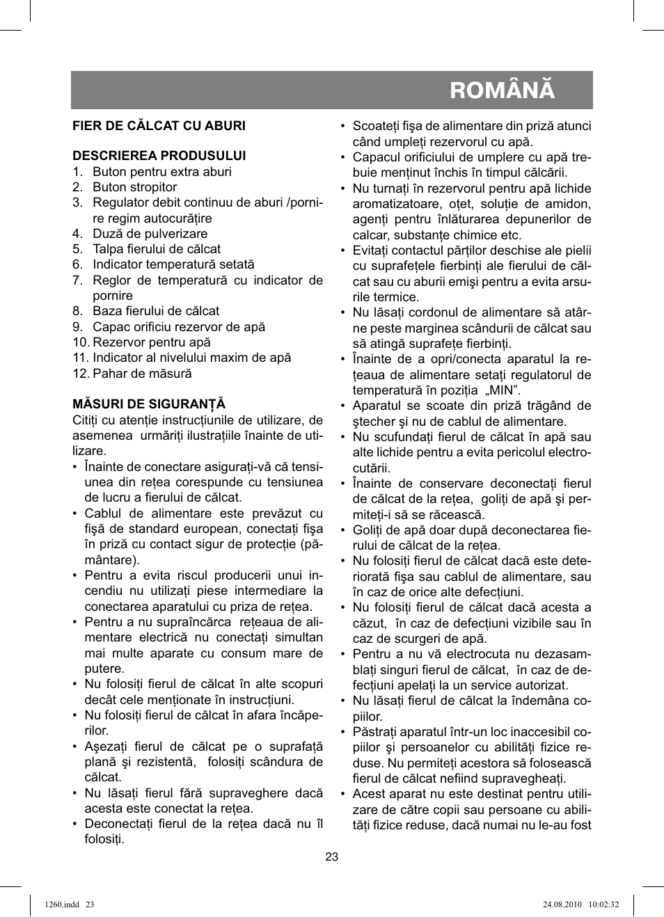 Română | Vitek VT-1260 User Manual | Page 23 / 48