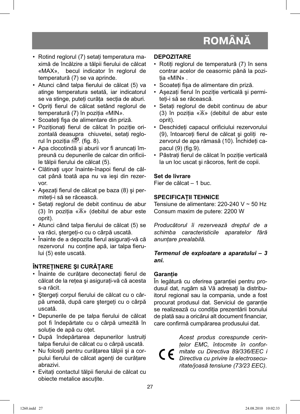 Română | Vitek VT-1260 User Manual | Page 27 / 48