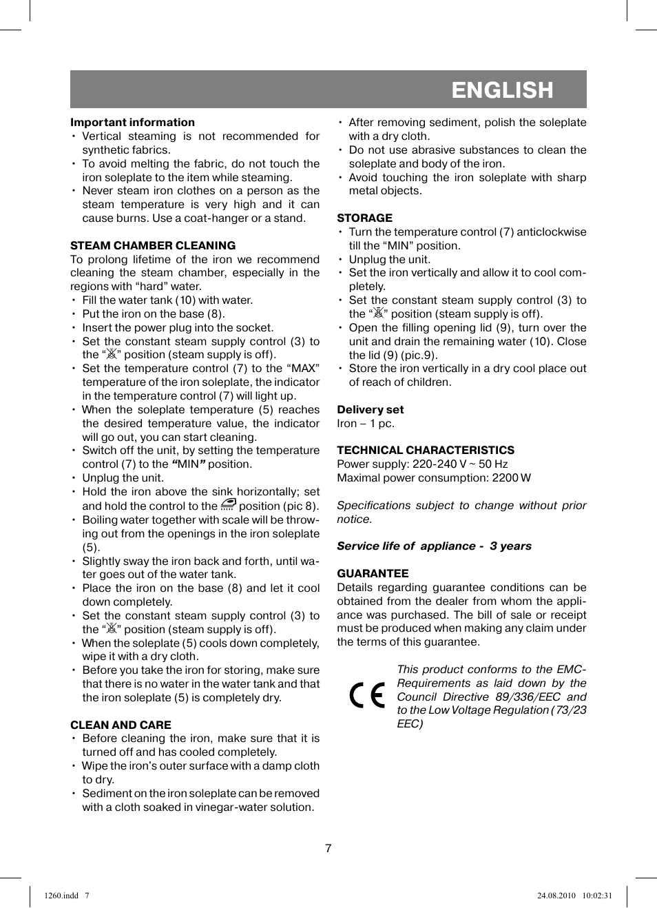 English | Vitek VT-1260 User Manual | Page 7 / 48