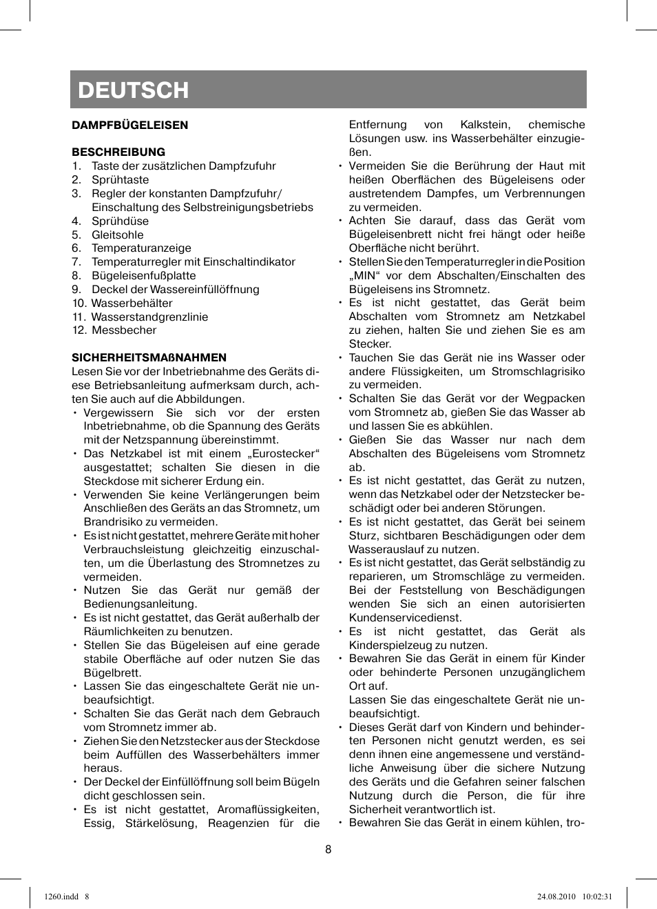 Deutsch | Vitek VT-1260 User Manual | Page 8 / 48