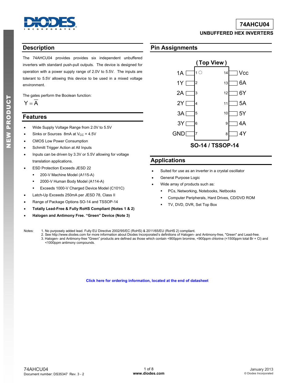 Diodes 74AHCU04 User Manual | 8 pages