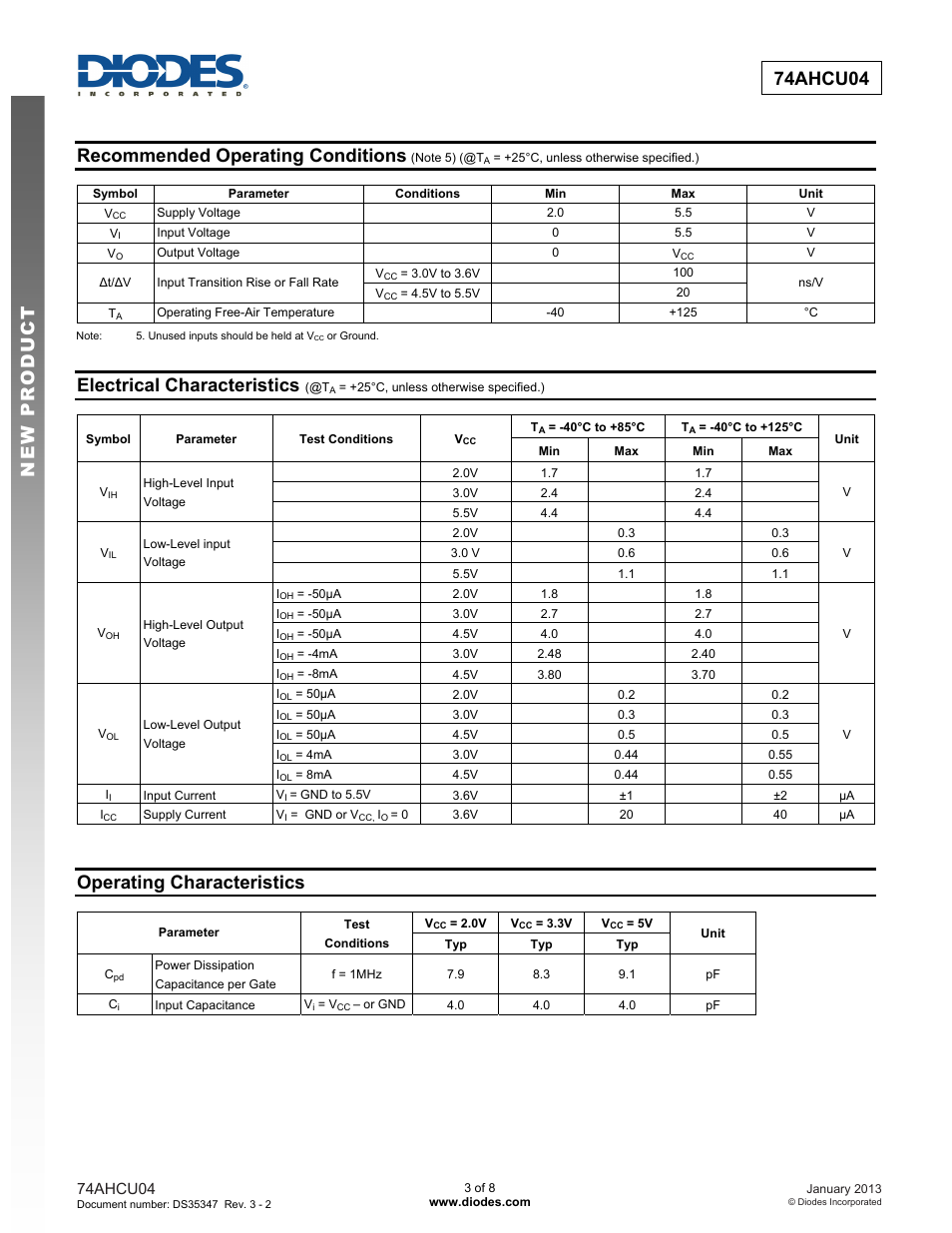 New prod uc t 74ahcu04, Recommended operating conditions, Electrical characteristics | Operating characteristics | Diodes 74AHCU04 User Manual | Page 3 / 8