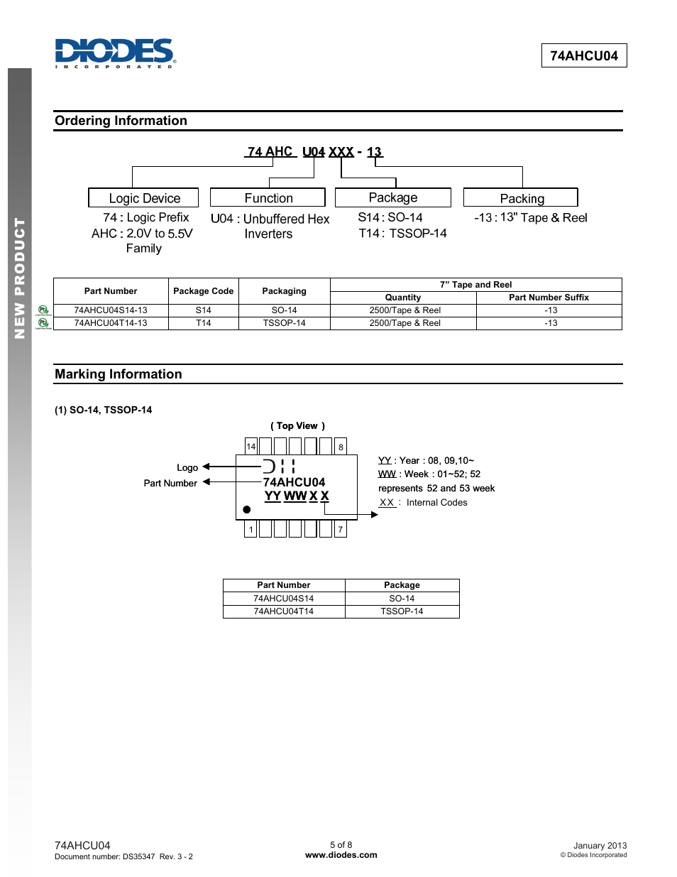 New prod uc t 74ahcu04, Ordering information, Marking information | Yy ww x x, 74ahcu04 yy ww x x | Diodes 74AHCU04 User Manual | Page 5 / 8