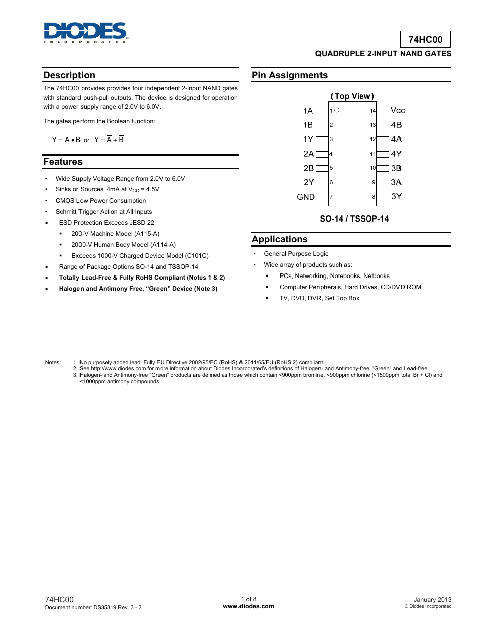 Diodes 74HC00 User Manual | 8 pages