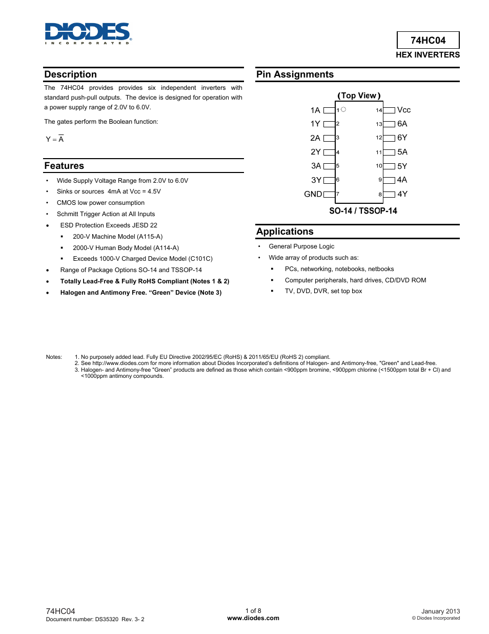 Diodes 74HC04 User Manual | 8 pages