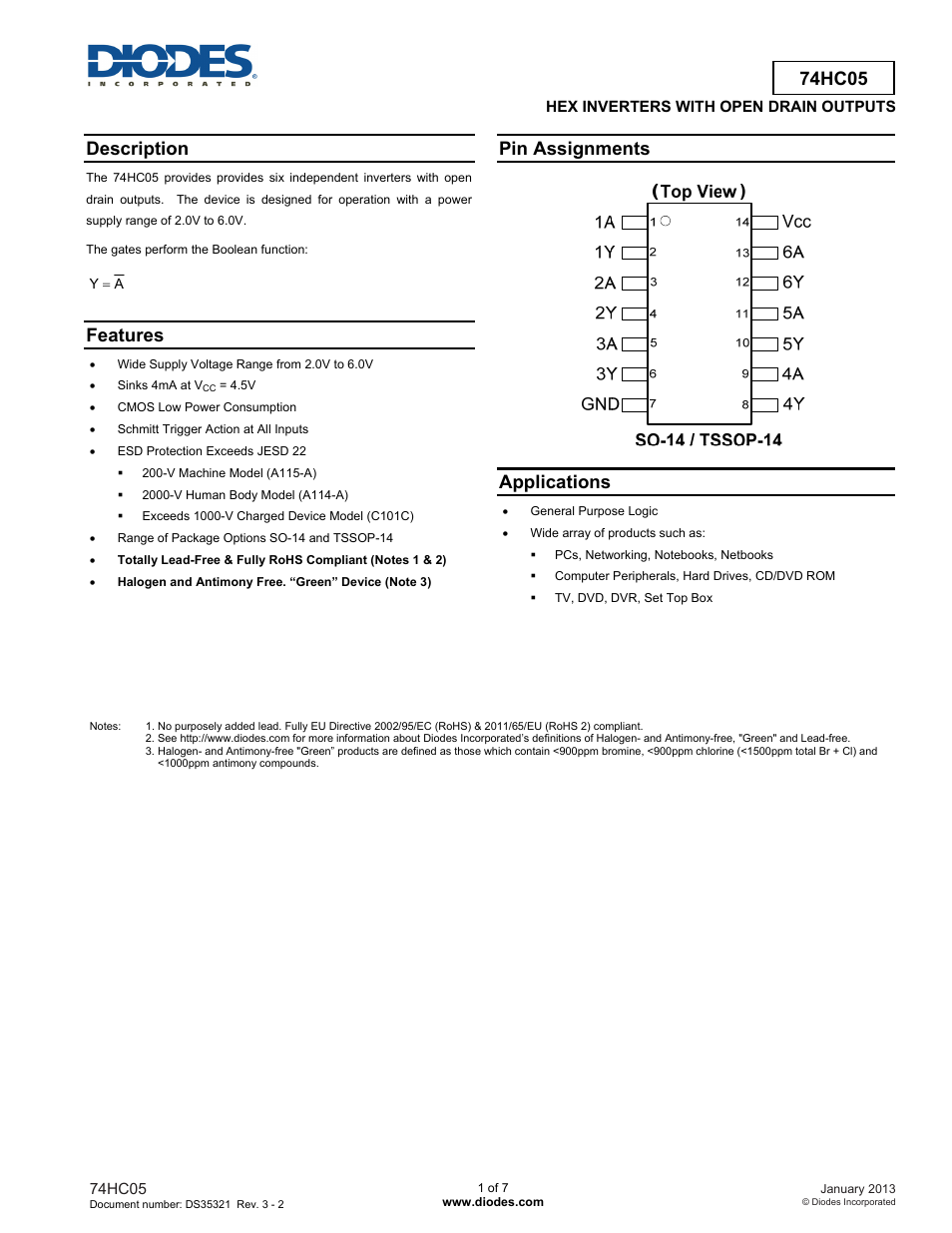 Diodes 74HC05 User Manual | 7 pages