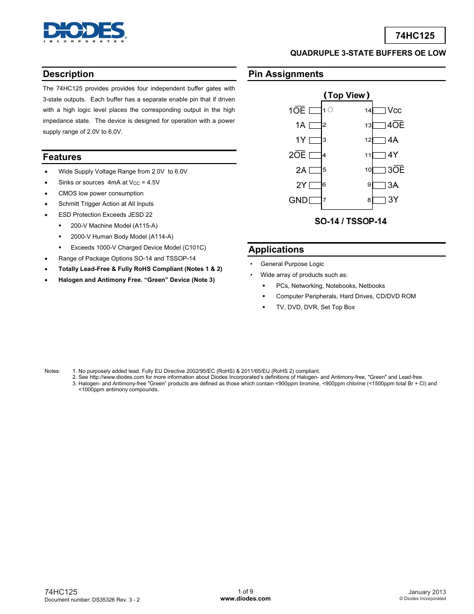 Diodes 74HC125 User Manual | 9 pages