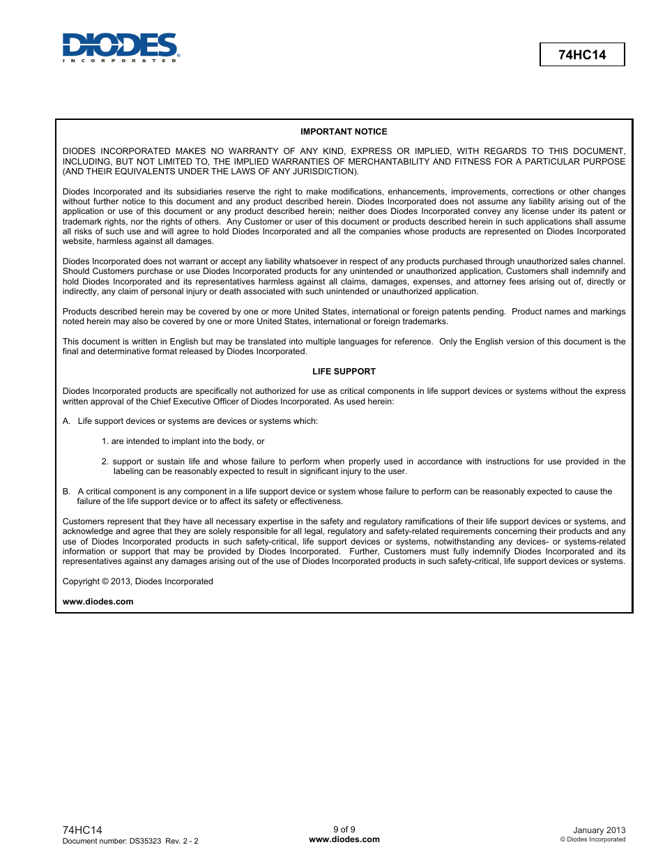 74hc14 | Diodes 74HC14 User Manual | Page 9 / 9