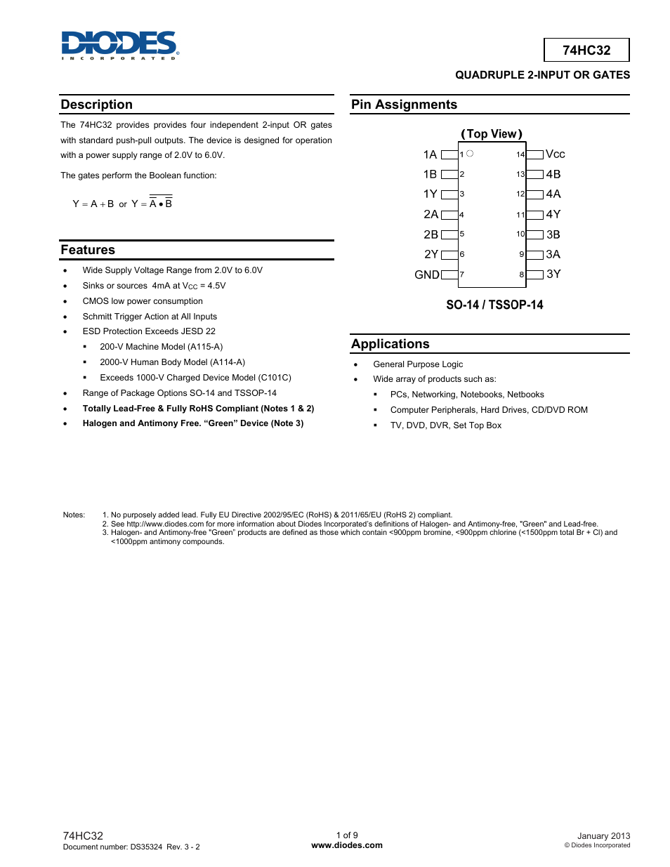 Diodes 74HC32 User Manual | 9 pages