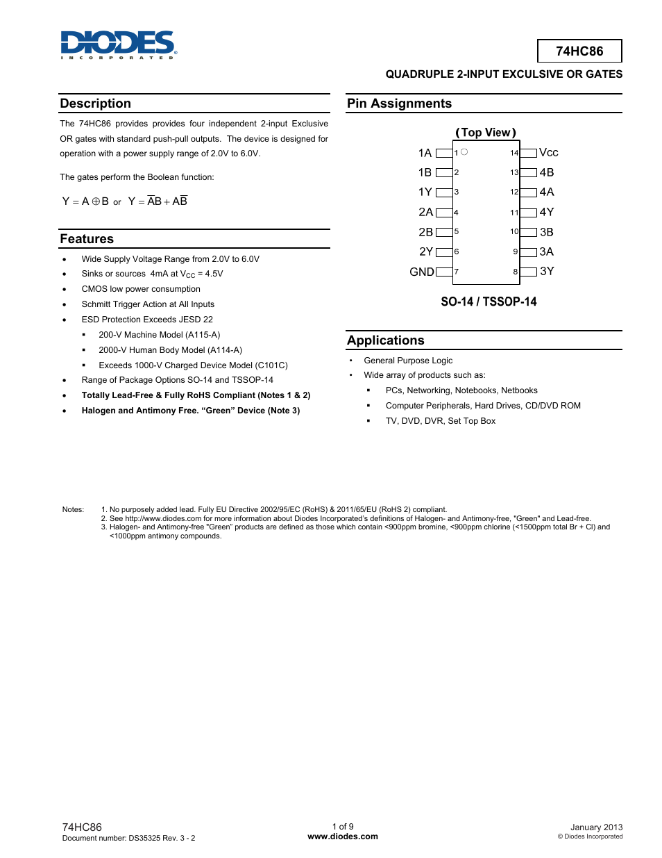 Diodes 74HC86 User Manual | 9 pages
