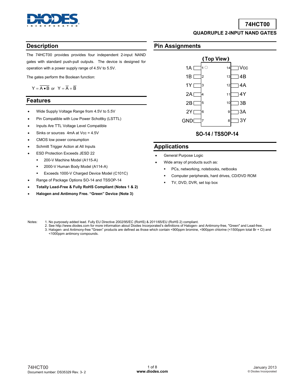 Diodes 74HCT00 User Manual | 8 pages