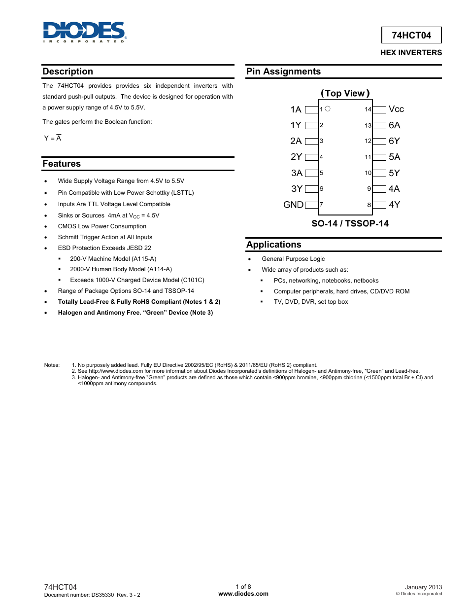 Diodes 74HCT04 User Manual | 8 pages