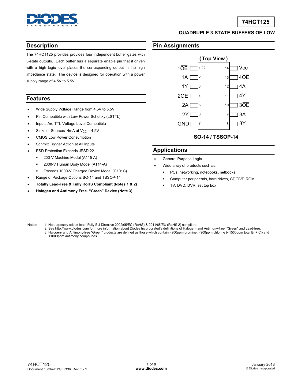 Diodes 74HCT125 User Manual | 8 pages