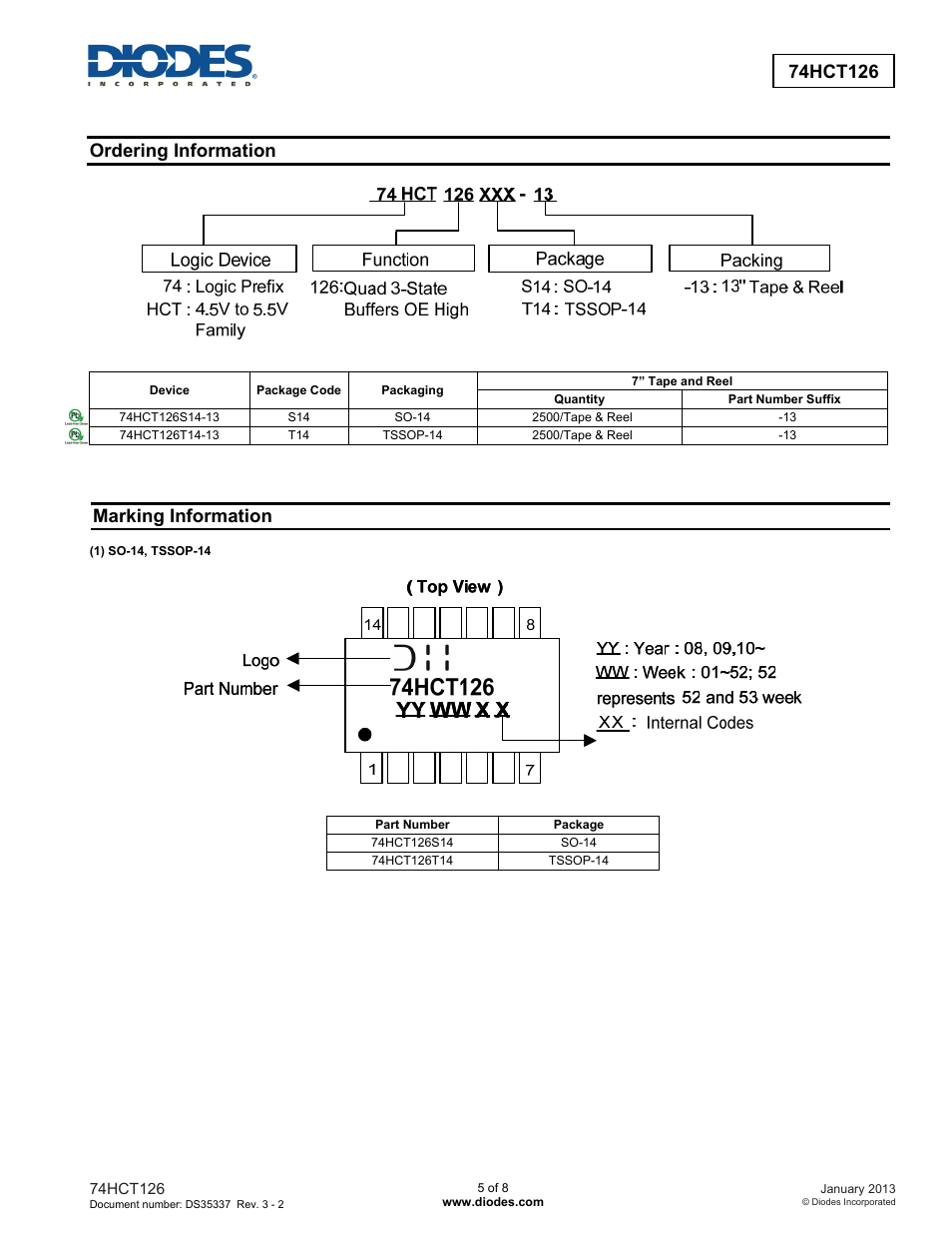 Ordering information, Marking information | Diodes 74HCT126 User Manual | Page 5 / 8