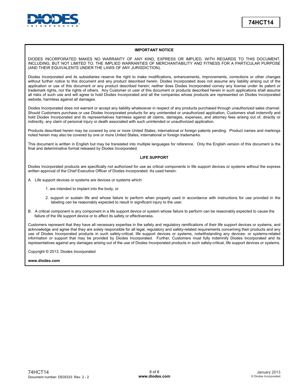 74hct14 | Diodes 74HCT14 User Manual | Page 8 / 8