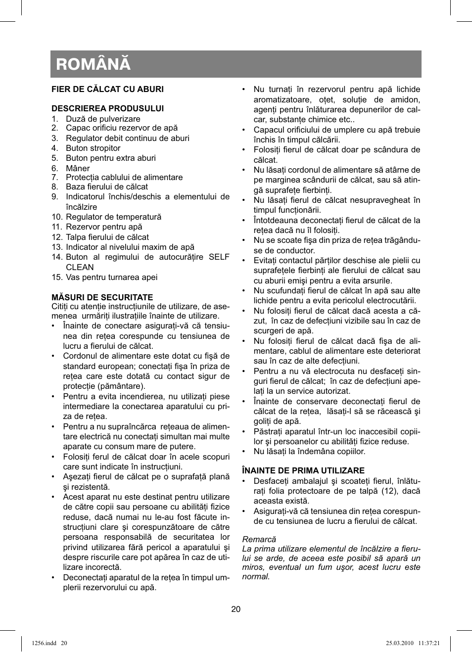 Română | Vitek VT-1256 User Manual | Page 20 / 40