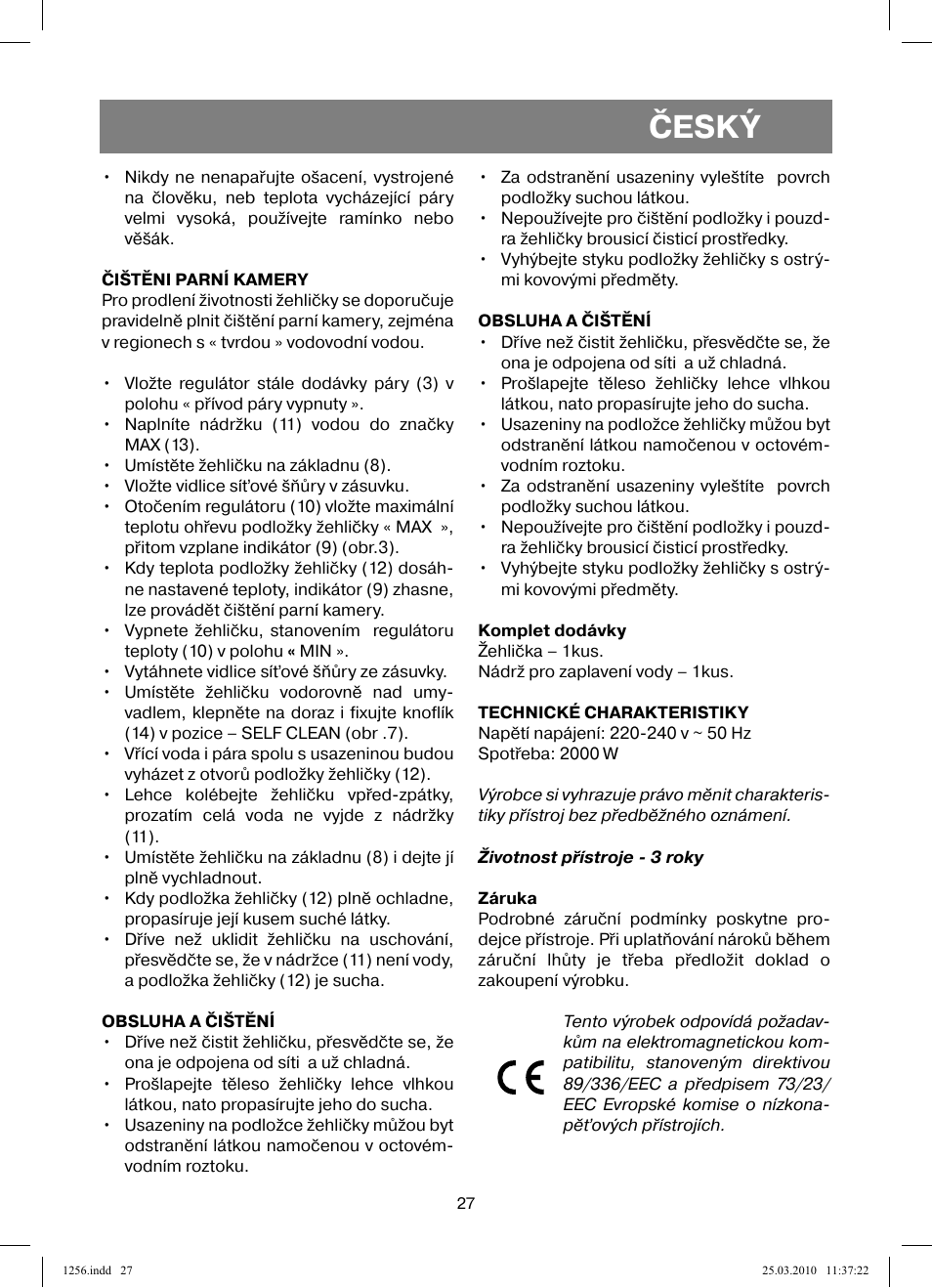 Český | Vitek VT-1256 User Manual | Page 27 / 40