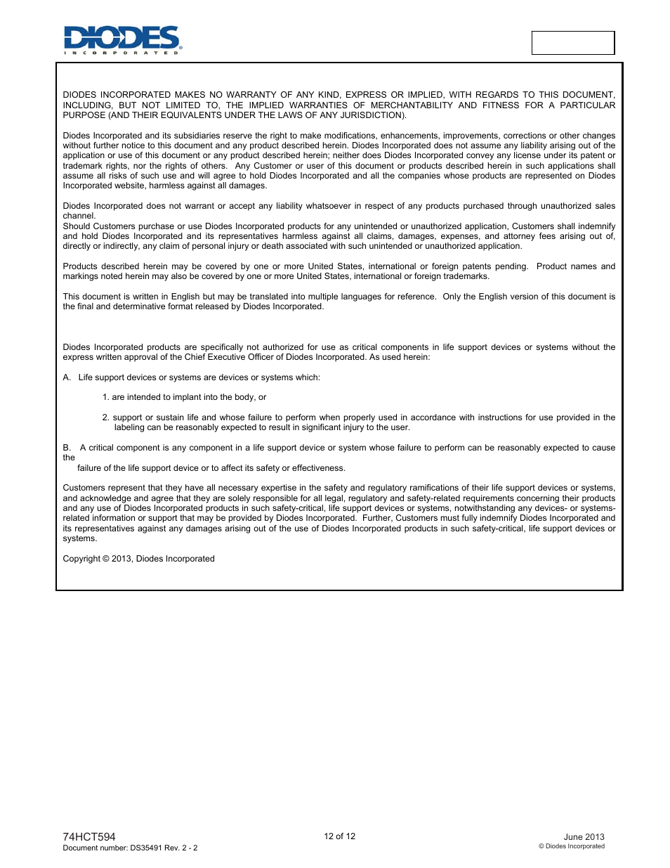 Diodes 74HCT594 User Manual | Page 12 / 12