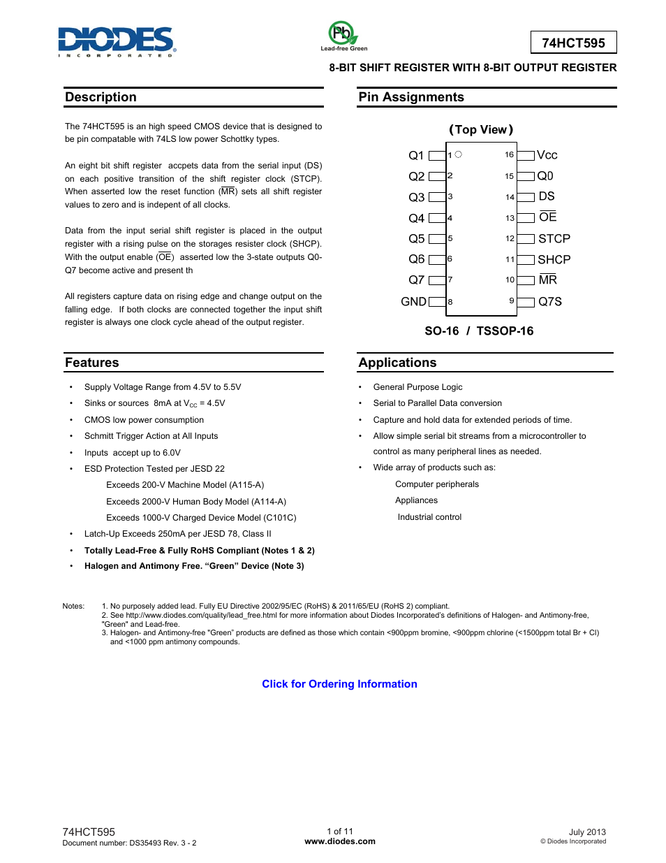 Diodes 74HCT595 User Manual | 11 pages